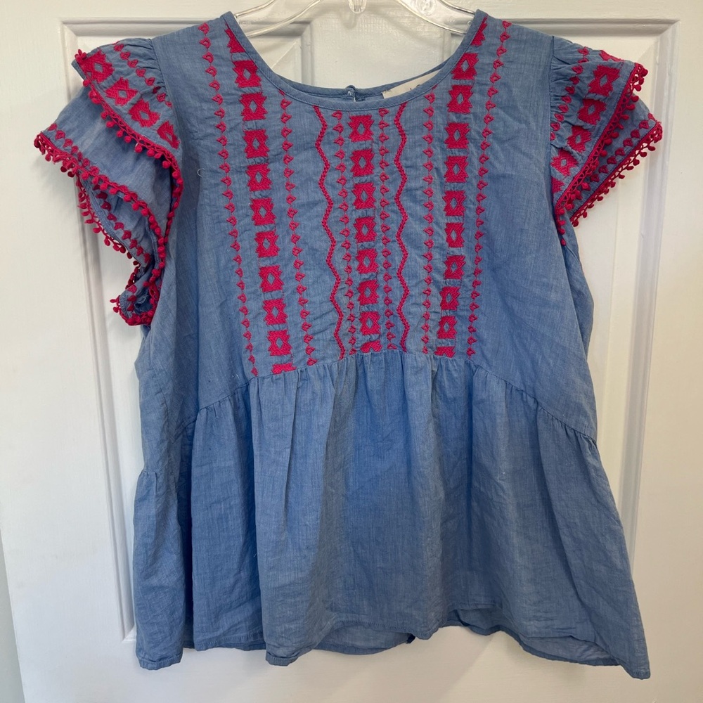 LOFT Denim Blue Blouse with Pink Embroidery